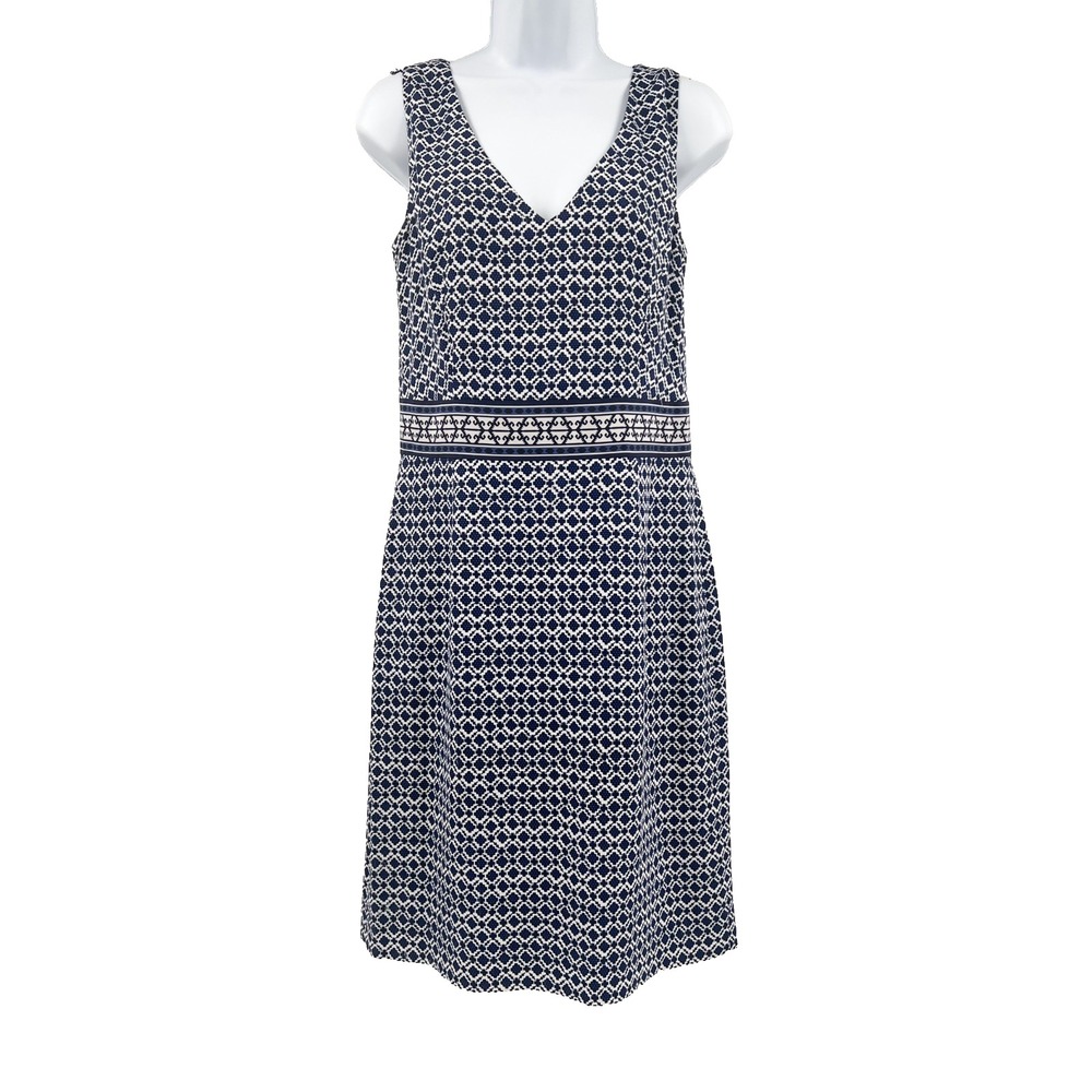 TORY BURCH Women's Sz 6 Navy Print Lined Whispy Back V-Neck Sheath Dress Stretch